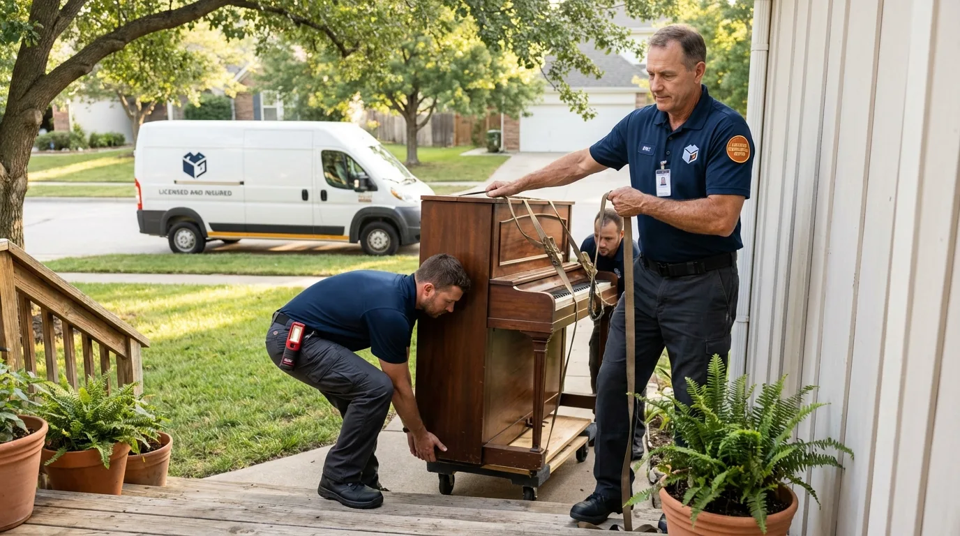 Licensed piano movers securing grand piano in Avenel, NJ