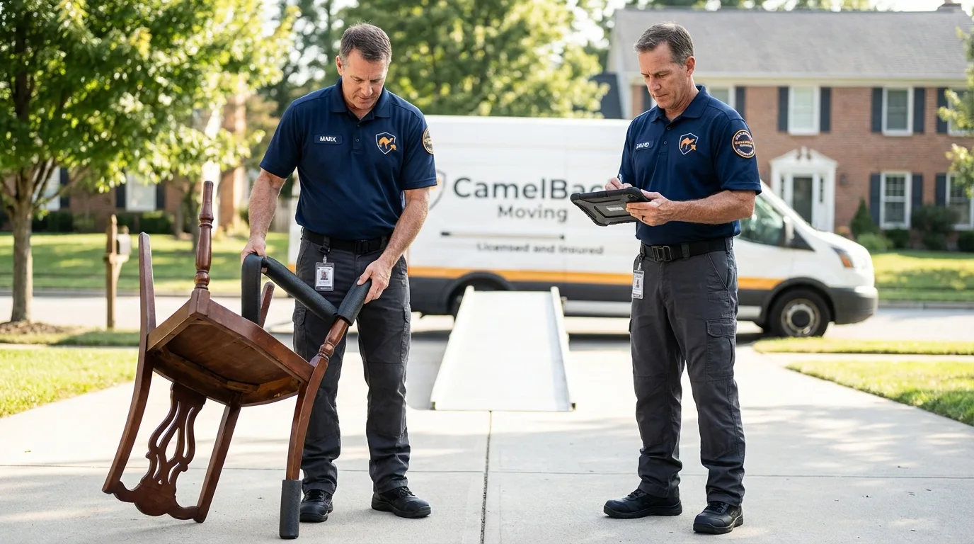 Movers inspecting furniture for damage prevention before loading in Avenel, NJ