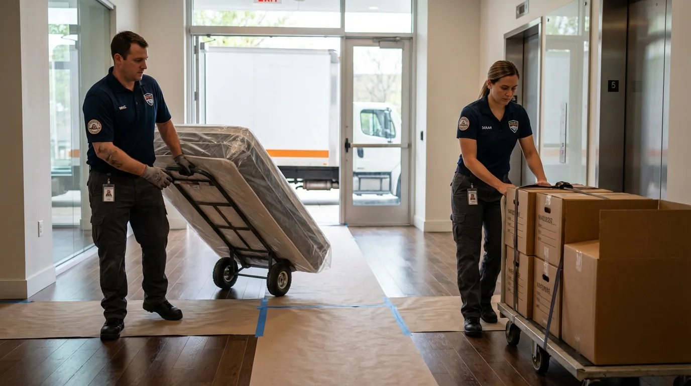 Professional apartment movers loading elevator in Avenel, NJ