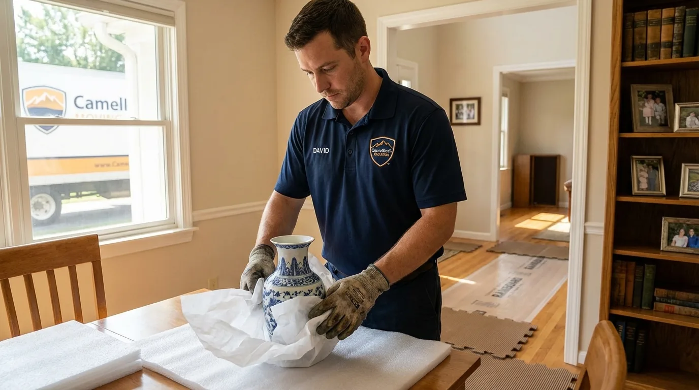 Professional crew carefully wrapping antique vase for senior downsizing move in Avenel, NJ